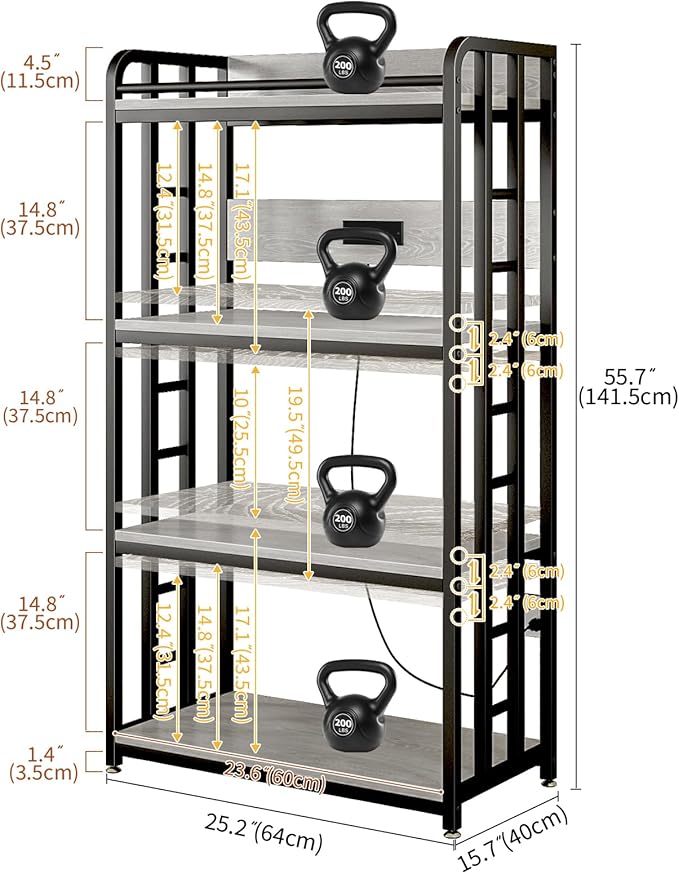 METYERRY Adjustable 4-Tier Heavy Duty Kitchen Baker's Rack with Power Outlet, with Industrial Wheels, Free Standing Microwave Oven Cart Stand for Storage in Living Room, Garage, Greige