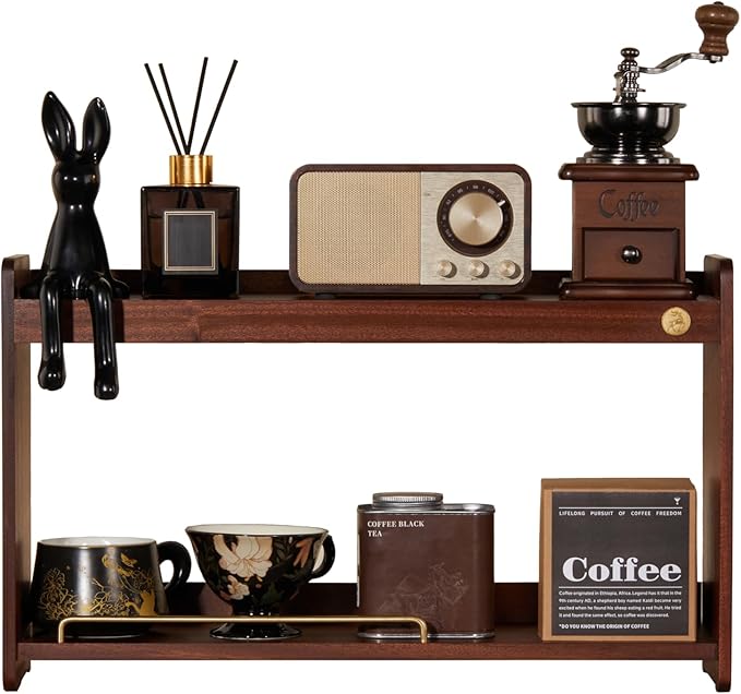 Wooden Cup Holder 2 Tier Walnut Wooden Shelf Organizer Coffee Station Organizer for Kitchen Home