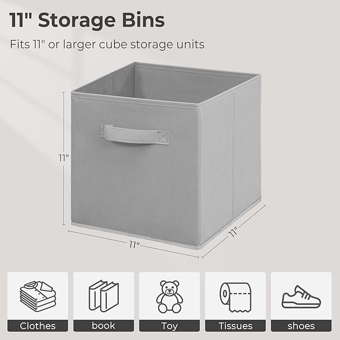 11x11 Inch Storage Bins Cubes, Fabric Foldable Storage Box, Collapsible Closet Organizer for Clothes, Blankets, Office, Bedroom, Living Room, Shelf Cabinet, Bookcase, Gray, 5 Pack