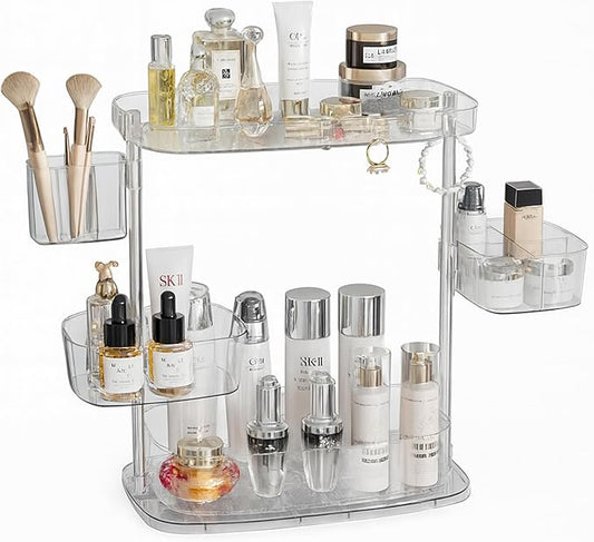 Clear Acrylic Makeup Organizer, Multi-Tier Cosmetic Storage Rack with Side Containers, Large Capacity Skincare Holder for Bathroom Counter, Vanity & Desk
