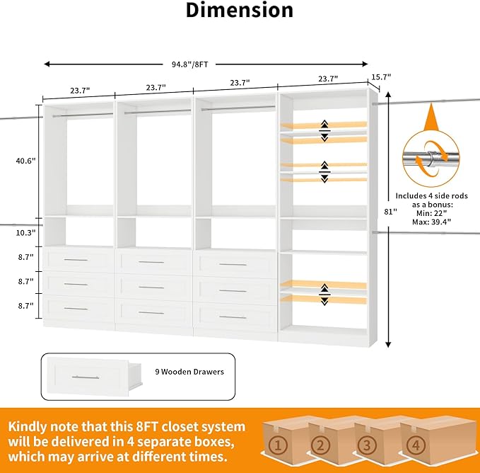Closet System with 4 Sets, 8FT-21FT Closet Organizer Systems with 9 Wooden Drawers 9 Shelves & 5 Hanging Rods, Walk in Closet freestanding Small Corner Modular Closet Storage System White (8FT)