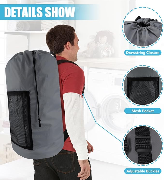 Olosar Laundry Bag Backpack, 2PCS Extra Large Travel Laundry Bag with Mesh Pocket & Adjustable Shoulder Straps,Dirty Clothes Travel Bag for College Students Dorm,Apartment(Grey)