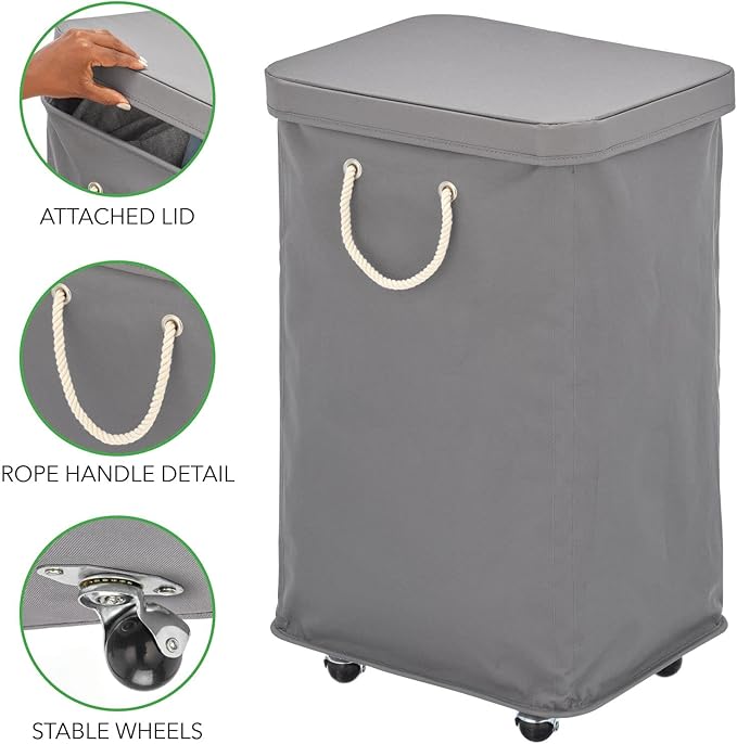 mDesign Large Polyester Rolling Laundry Hamper with Wheels, Removable Lid, and Rope Carrying Handles, Collapsible Hampers with Wheels for Compact Storage, Tall Single Compartment Basket, Charcoal Gray