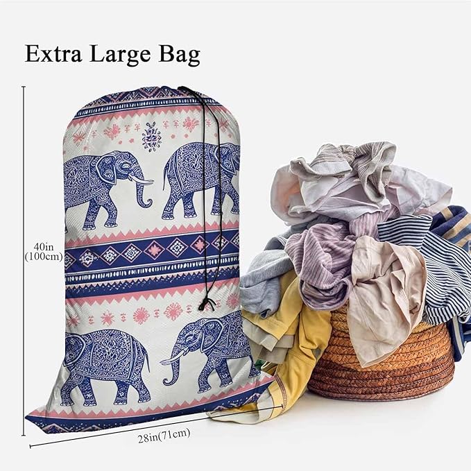 Swono Ethnic Elephant Extra Heavy Duty Laundry Bag, Indian Style Lotus Floral X-Large Dirty Clothes Drawstring Bag with Tear Resistant Fabric, Washable Laundry Liner for Hamper, Ideal for Camp, Travel