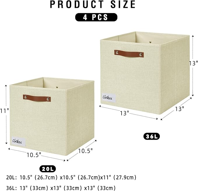 Bagnizer Collapsible Fabric Storage Cube Bins with 2 Reinforced PU Handles, Foldable Storage Organizer Baskets for Closet, Shelves, Living Room | 13"x13"x13", 4 Pack, Full Beige