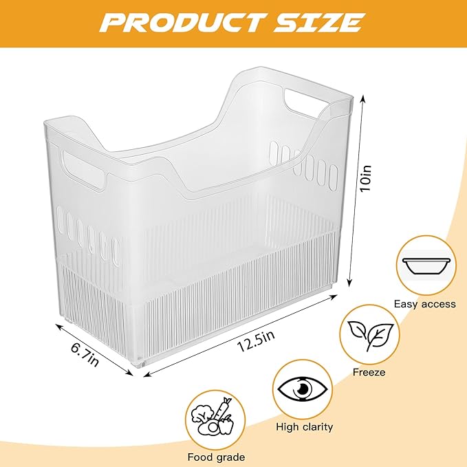 Beeveer 4 Pcs Plastic Freezer Organizer Bins with Wheel Tall Narrow Kitchen Pantry Organizer Snack Storage Containers for Office Refrigerator(10 x 12.5 x 6.7 Inch)