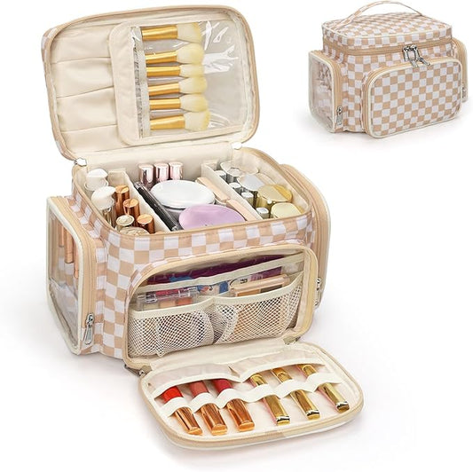 Bagmoly Large Makeup Bag, Portable Travel Makeup Bag Organizer for Women Girls with Makeup Brush Compartment & Two Side Pockets, Cosmetic Travel Bag Vertical Storage Toiletry- Checkerboard