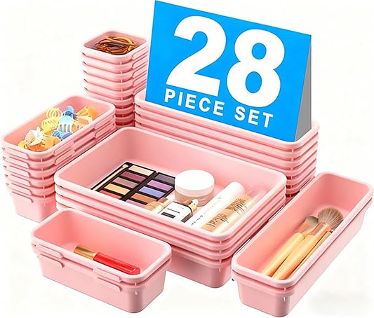 A-LuGei 【𝟮𝟴𝗣𝗖𝗦】 【𝟱𝗦𝗶𝘇𝗲】 Pink Drawer Organizer, Makeup organizer, 【Holds 177 Items】 Bathroom Organizers and Storage, Plastic Desk Organizer Divider, Organizer Bins for Office Vanity