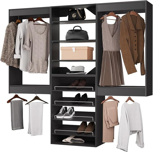 ROOMTEC Modular Closet System, 66" Wall Mounted Closet Organizer with Hanging Rods and Shoe Shelf, Wooden Tower for Walk-In Closets, Wardrobe Storage Kit, Black