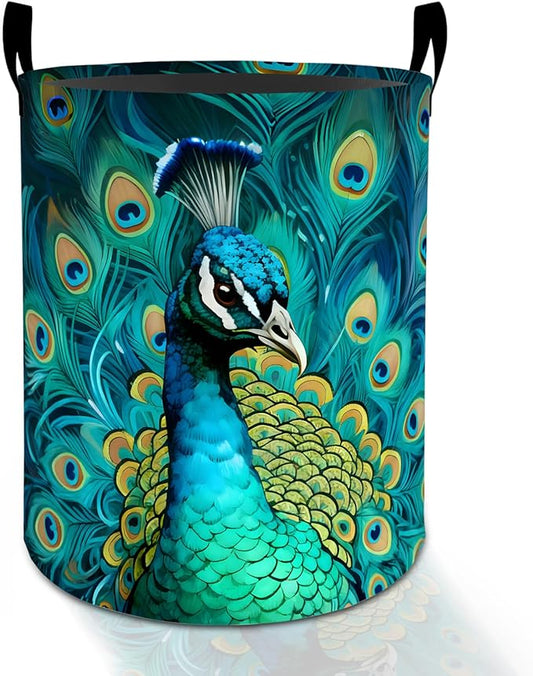 Peacock Laundry Basket Hamper for Boys Girls Kids Adults, Foldable Waterproof Oxford Clothes Storage Bin, Colorful Bird Organizer for Bedroom Bathroom Room Decor 19.7"x15.8"