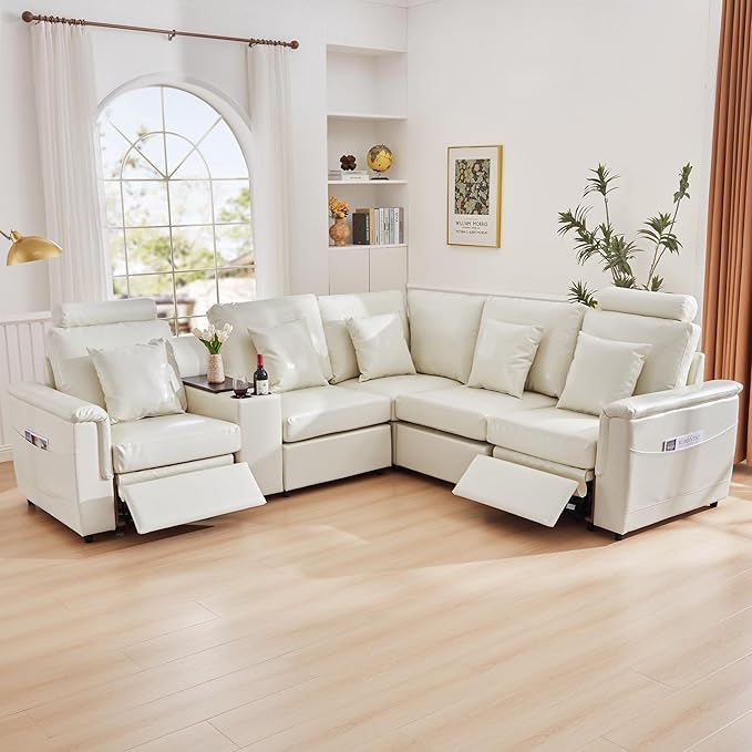 LEVNARY 5-Seat L Shaped Modular Sectional Sofa with Power Recliners, Upholstered Faux Leather Couch Storage Console with Charging Ports & Cup Holders, Living Room Couch Set for Home Office (White)