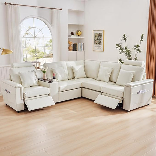 LEVNARY 5-Seat L Shaped Modular Sectional Sofa with Power Recliners, Upholstered Faux Leather Couch Storage Console with Charging Ports & Cup Holders, Living Room Couch Set for Home Office (White)