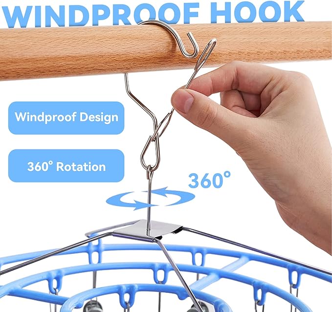 Funamily Clothes Drying Rack,Stainless Steel Laundry Drip Hanger with 24 Clips, Heavy Duty Round Swivel Windproof Hook Underwear Hanger for Drying Towel, Bras, Sock,Lingerie, Baby Clothes (Blue)
