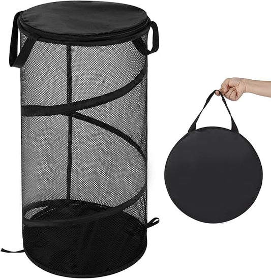BATTOO Collapsible Laundry Basket with Lid Foldable Mesh Pop Up Hamper with Handles for Laundry Room, Bathroom, Kids Room, College Dorm, Travel, Storage Organizer Black
