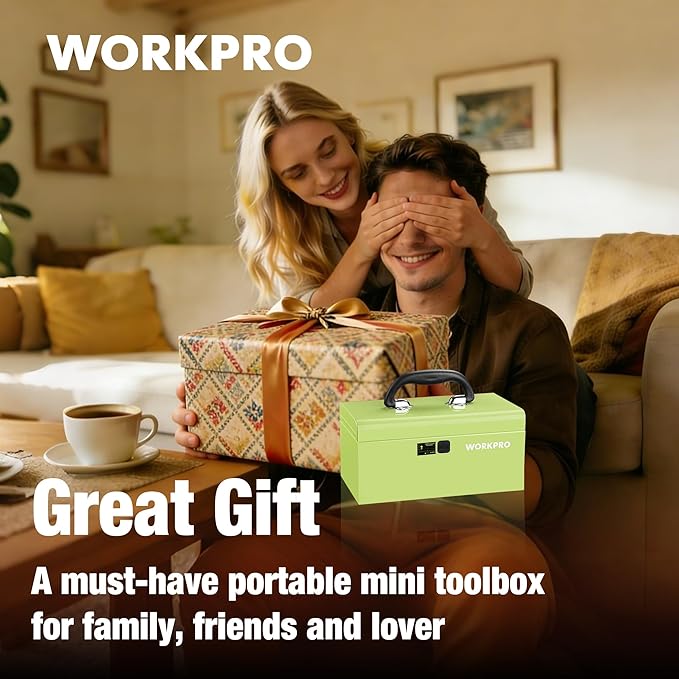 WORKPRO 10.8" Portable Mini Metal Tool Box with Removable Color-Matching Tray, One-Button Latch Toolbox, Steel Tool Chest with PP Handle, Compact Storage Organizer for Home, Office or Workshop