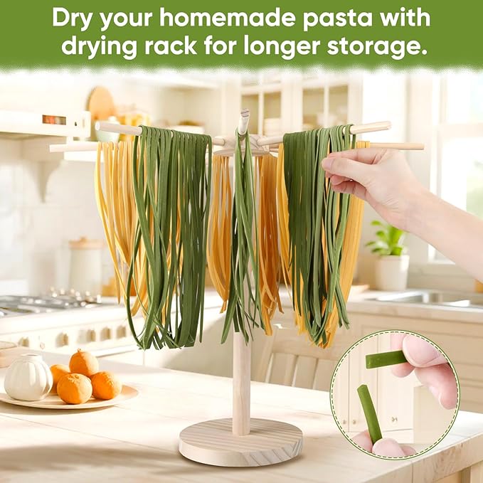 Pasta Drying Rack - 9 Sticks Wooden Pasta Dryer Stand for Homemade Fresh Pasta, Spaghetti, Fettuccine, Tagliatelle - Large Detachable Natural Wood Noodle Rack, Space Saving & Sturdy Design