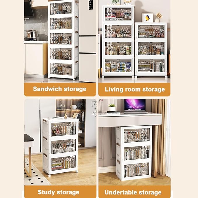 4 Tier Stackable Storage Bins with Lids, 21QT Plastic Stackable Storage Bins, Foldable Storage Bins with Wheels & Doors, Storage Cabinet for Bedroom, Living Room,Office