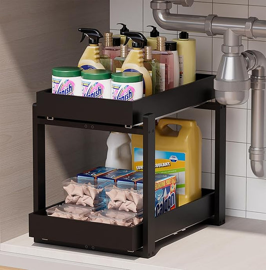 Bamboo Wood Under Sink Organizer 1 Pack, Pull Out Cabinet Organizer 2 Tier Under Sink Organizers and Storage with Sliding Drawer Sturdy Easy Assembly for Kitchen Bathroom Undersink (Black, 1 Pack)