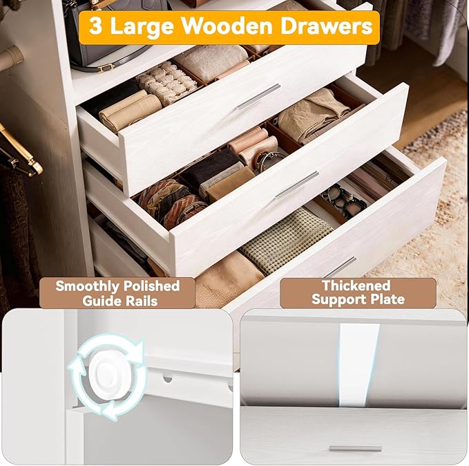 Wooden Closet System With LED Light 11FT Closet Organizer with 3 Wooden Drawers Walk-in Closet Organizer System with Tower and 4 Extendable Hanging Rods White