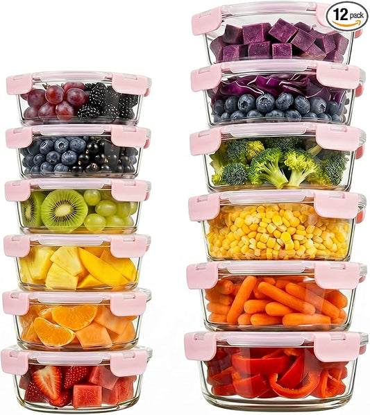 Konokyo Round Glass Food Storage Containers with Lids, 12 Pack Airtight Leakproof Meal Prep Containers, BPA-Free, Microwave Oven Freezer & Dishwasher Safe, Assorted Sizes