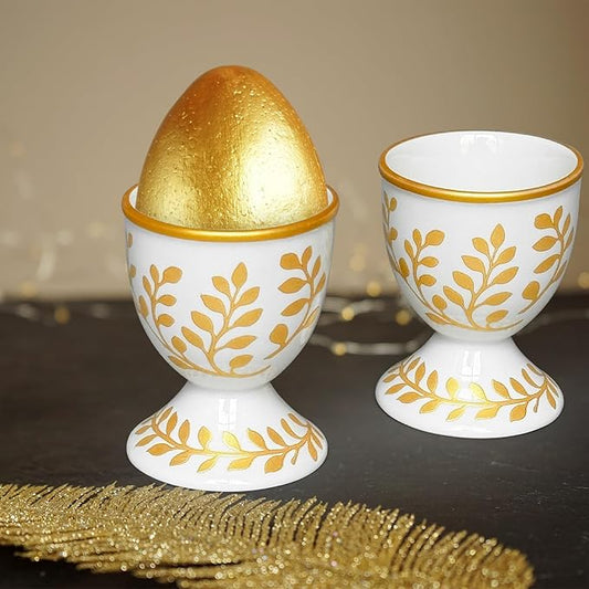 Cinf Ceramic Egg Cup Set of 2 Champagne Gold Porcelain Holder Breakfast Boiled Cooking Easy to Clean Childhood Memories Kitchen