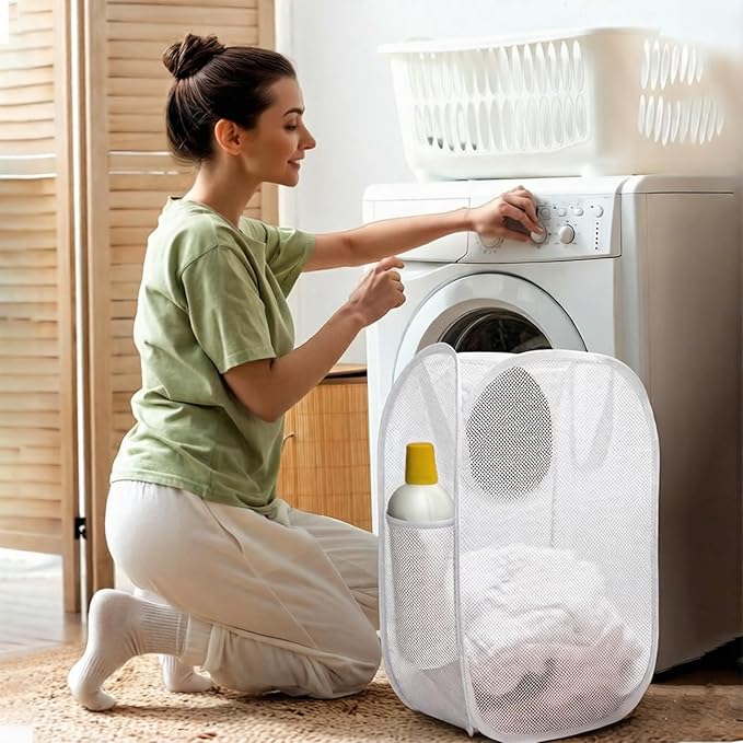 Pop up hamper, the upgraded laundry basket with breathable side pocket mesh. Ideal for room, apartment, dormitory, travel, business trip & kids storage(1,white)