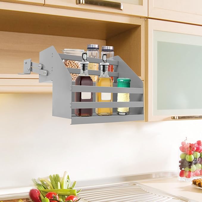 2-Tier Cabinet Pull Down Organizer, Buffer Lifting Design Large Capacity Kitchen Storage Shelf, Multi-Tier Pull Out Spice Rack, Suitable for Kitchens, Living Rooms, Bedrooms, Restaurants