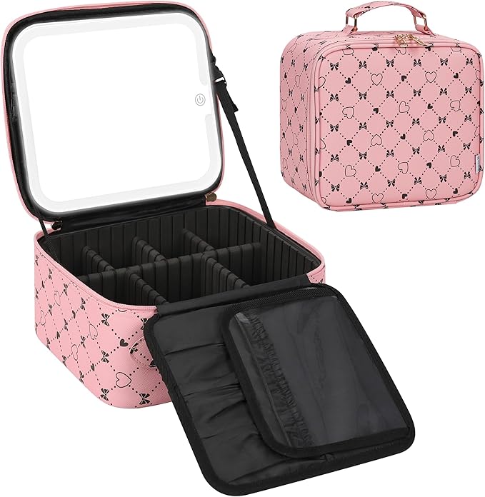 Relavel Travel Makeup Bag With LED Mirror, Compact Cosmetic Organizer Storage with Brush Compartment, 3 Colors in Adjustable Brightness, Adjustable Dividers, Make Up Train Case - Pink Bowknot
