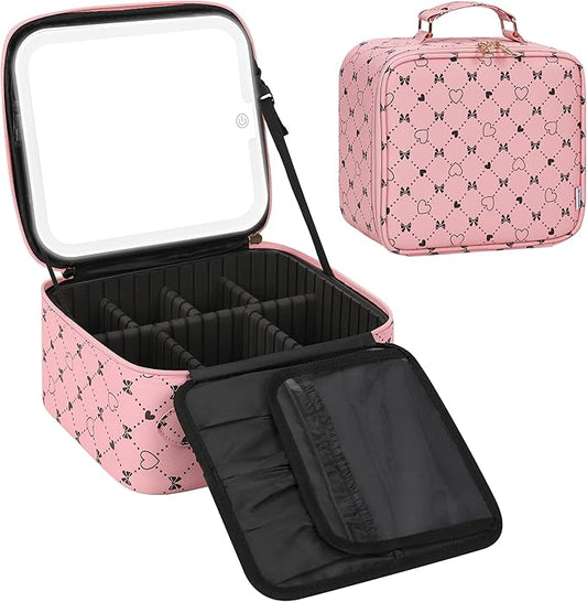 Relavel Travel Makeup Bag With LED Mirror, Compact Cosmetic Organizer Storage with Brush Compartment, 3 Colors in Adjustable Brightness, Adjustable Dividers, Make Up Train Case - Pink Bowknot