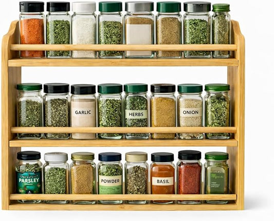 Bamboo Spice Rack Organizer – 3 Tier Bamboo Spice Rack Organizer – Countertop or Wall Mounted – Kitchen Spice Shelf Storage – Space Saving Organizer for Pantry & Cabinet