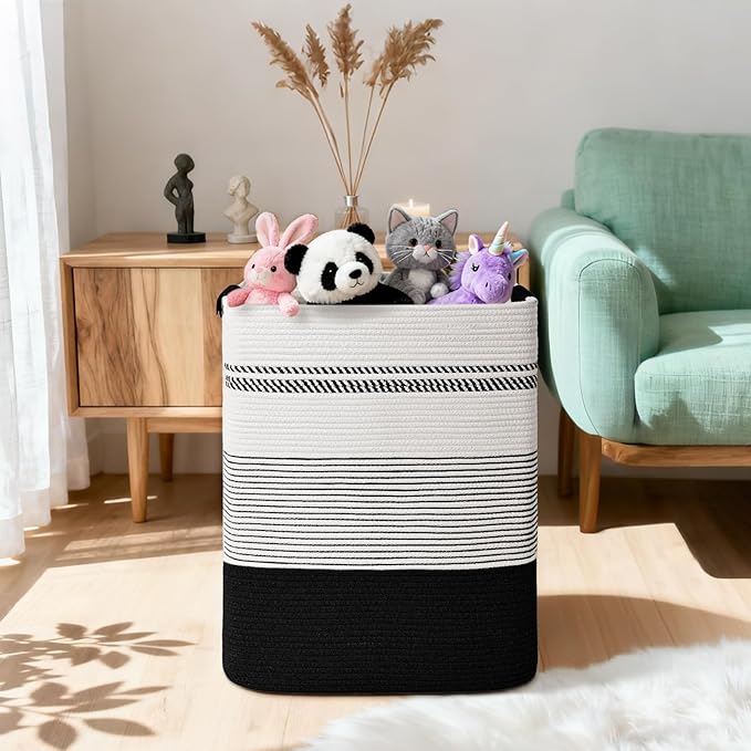 Laundry Hamper, 85L Tall Laundry Basket with Leather Handles, Rectangle Large Clothes Hamper for Organizing, Cotton Woven Laundry Baskets Storage Hampers for Bedroom, Nursery, Living Room