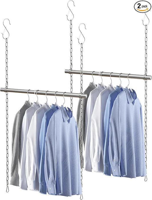 Closet Hanging Rod, Adjustable Width and Height Closet Extender Hanging Rod, Space-Saving Clothes Hanging Bar, 18-28 Inches, 2 Pack