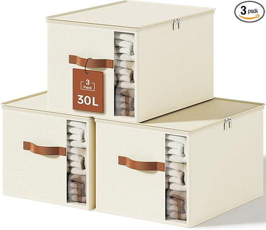 Clothes Storage Bins with Sturdy Frames, Foldable Fabric Clothing Organizer Box for Moving, Sweater Storage Cube with Lids and Zipper, Linen Closet Storage Bags for Blankets, Clothes, Sheet