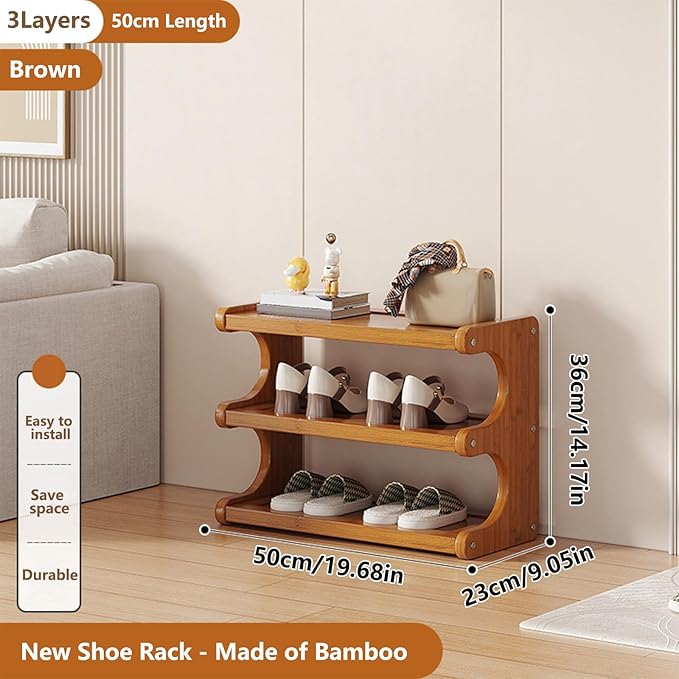 KNERS Bamboo Shoe Rack, Multi-Layer Space-Saving Shoe Organizer for Entryway, Bedroom or Living Room, Stable & Easy to Install, 3-Tier / 5-Tier / 6-Tier Options (3 Layer - 50cm)