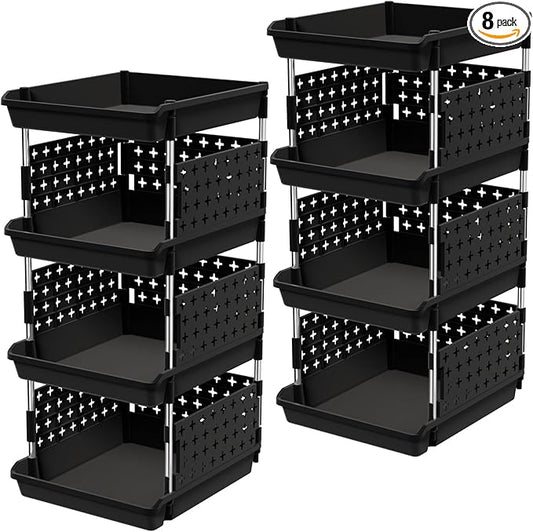 Lifewit Plastic Stackable Storage Baskets, 4 Tier Stacking Bins for Food and Clothes, Multifunctional Organizer for RV, Kitchen, Playroom, Pantry, Black, 35 x 30 x 72 cm/14 x 12 x 28 inch, 2 Pack