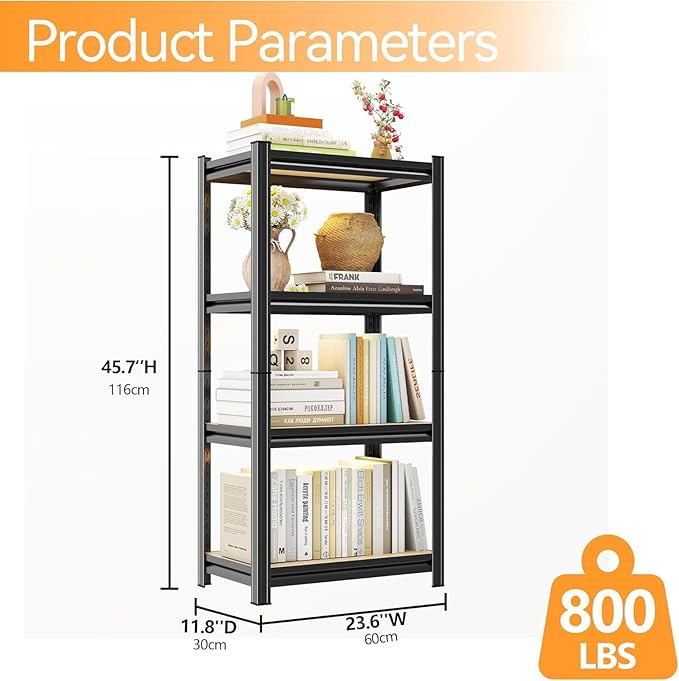 45.7H'' Storage Shelves Adjustable Shelving Unit Wood, 4-Tier Storage Shelves Heavy Duty Shelf Organizer Industrial Shelves for Warehouse Basement Kitchen Pantry Commercial, Black