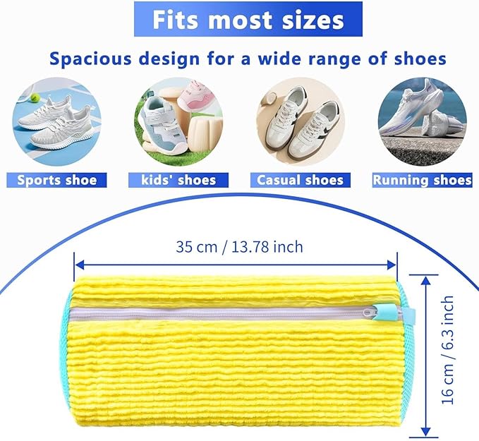 2 Pack Shoe Bag for Washing Machine, XXL 360° Protect Sneaker Laundry Bag for Shoes Reusable Durable Fibers Adjustable Washer Bag with Zipper for Tennis Gym Sneakers Shoe Dryer (Yellow)