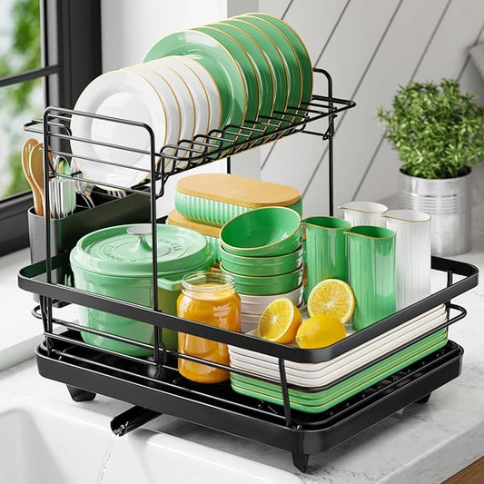 Kitsure Dish Drying Rack for Kitchen Counter, Stainless Steel Sink Organization and Storage Essentials with Cutlery Holder, Home and Appartment Decor, 12''W x 15.5''L, 2 Tiers, Black
