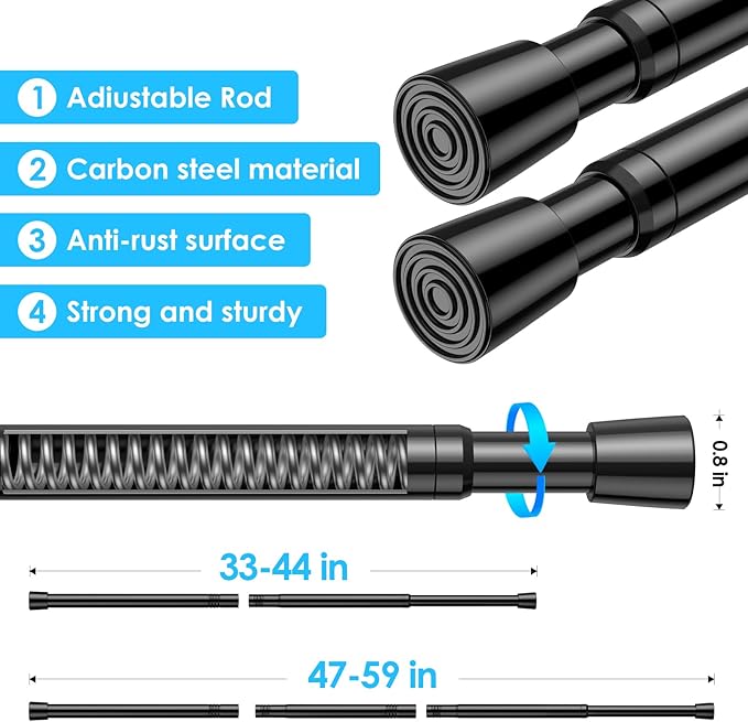 MEXAU 3pack Tension Curtain Rod 33 to 59 Inch，Black Spring Rods Adjustable Curtain Rod No Drill Expandable Spring Loaded Curtain Rod Tension Rod for Kitchen Doorway Closet