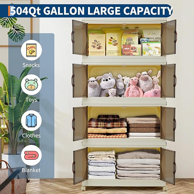 Garvee 504QT Stackable Storage Bins, Plastic Bins for Storage with Lids, Plastic Storages Drawers with Magnetic Doors & Wheels, Foldable Collapsible Closet Organizers for Home, Dorm, Office, White