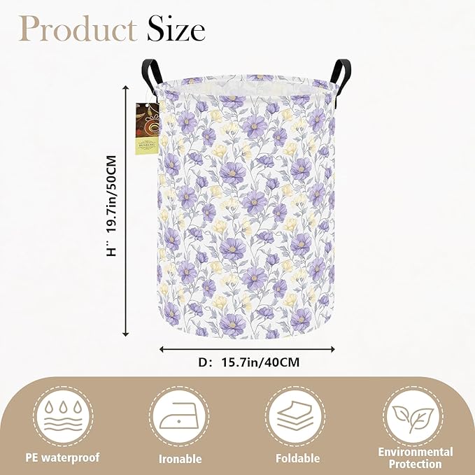 HUNRUNG Collapsible Fabric Storage Basket, Waterproof Laundry Hamper with Handles, Round Storage Bin for Clothes Toys, Foldable Organizer for Bedroom Nursery Bathroom(Round-Purple Flowers)
