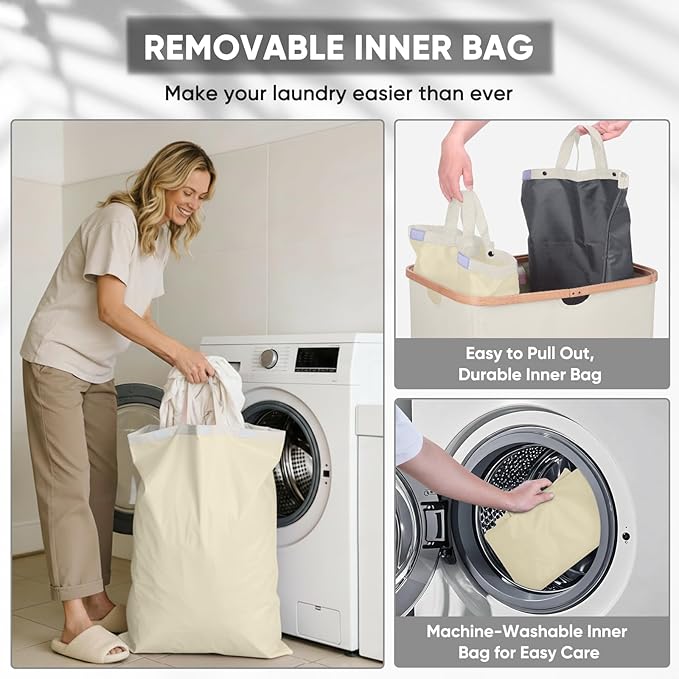 BALEINE Laundry Hamper with Lid, Tall Laundry Baskets with Bamboo Pull Handles, Large Laundry Bin with Internal Support (36 Gal/140L, Beige)