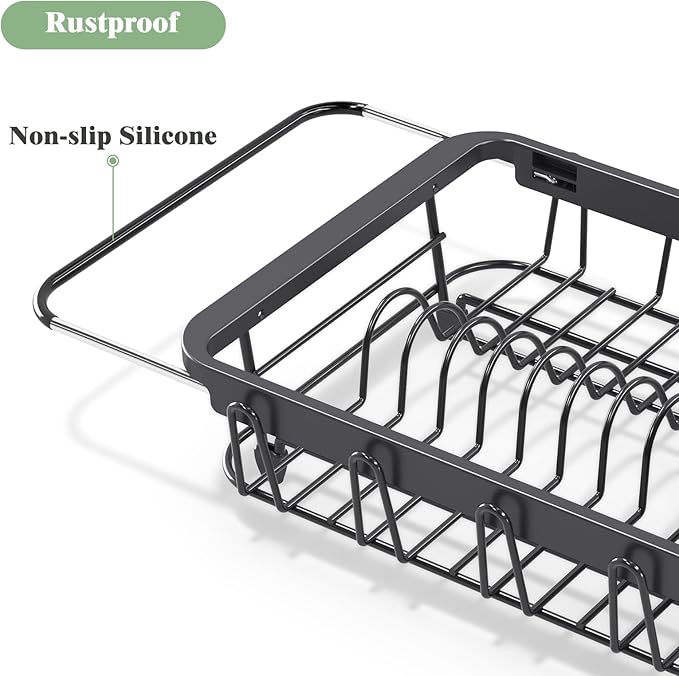Urackify Expandable Dish Drying Rack Over The Sink, Adjustable Dish Rack in Sink, Rustproof Dish Drainer for Kitchen Counter, Dish Strainer with Utensil Holder, Black