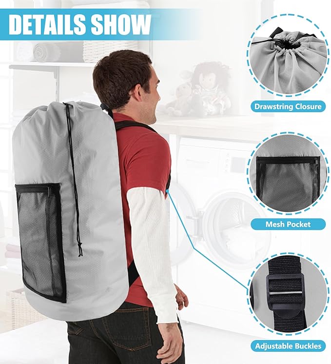 Olosar Laundry Bag Backpack, Extra Large Travel Laundry Bag with Mesh Pocket & Adjustable Shoulder Straps,Dirty Clothes Travel Bag for College Students Dorm,Apartment(Light Gray)
