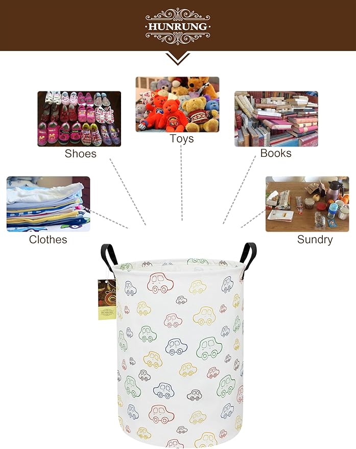 HUNRUNG Collapsible Fabric Storage Basket, Waterproof Laundry Hamper with Handles, Round Storage Bin for Clothes Toys, Foldable Organizer for Bedroom Nursery Bathroom(Round-Colorful Car)