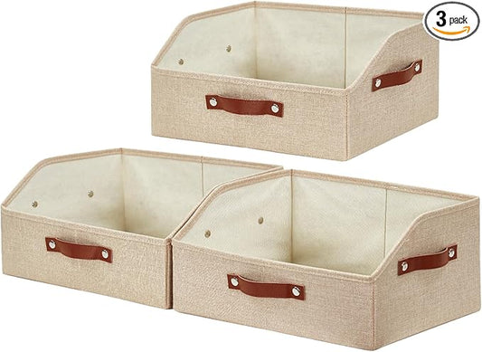 Bagnizer Closet Organizers and Storage, Linen Trapezoid Storage Bins with Handles, Collapsible Shelf Organizer for Blanket, Towel, Clothes, Hats, Purse (Khaki)