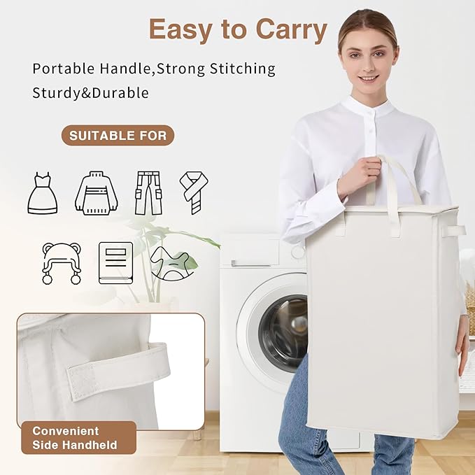 GOMAJI Slim Laundry Basket with Lid and Handles, Foldable Laundry Basket for Clothes, Clothes Hamper Easy to Carry, Dirty Hampers for Bedroom, Bathroom, Dorm, College, 12.7 Gallons(48L)