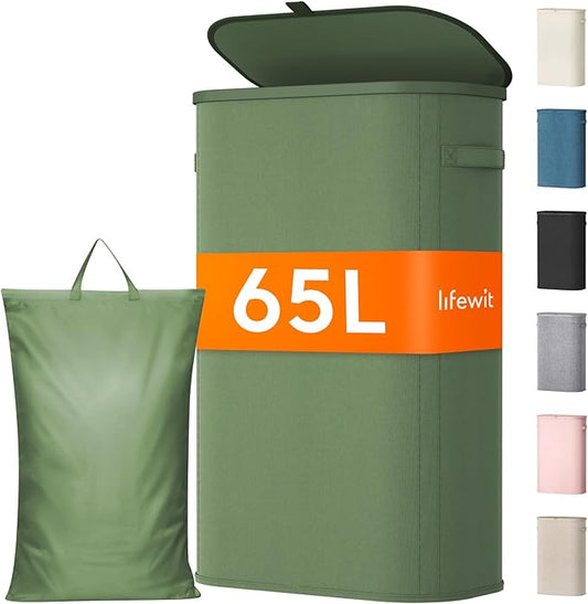 Lifewit 65L Slim Laundry Basket with Lid, Narrow Large Laundry Hamper with Plastic Handles and Removable Bag, Tall Foldable Dirty Clothes Hampers for Laundry Room, Bedroom, Bathroom, Dorm, Green