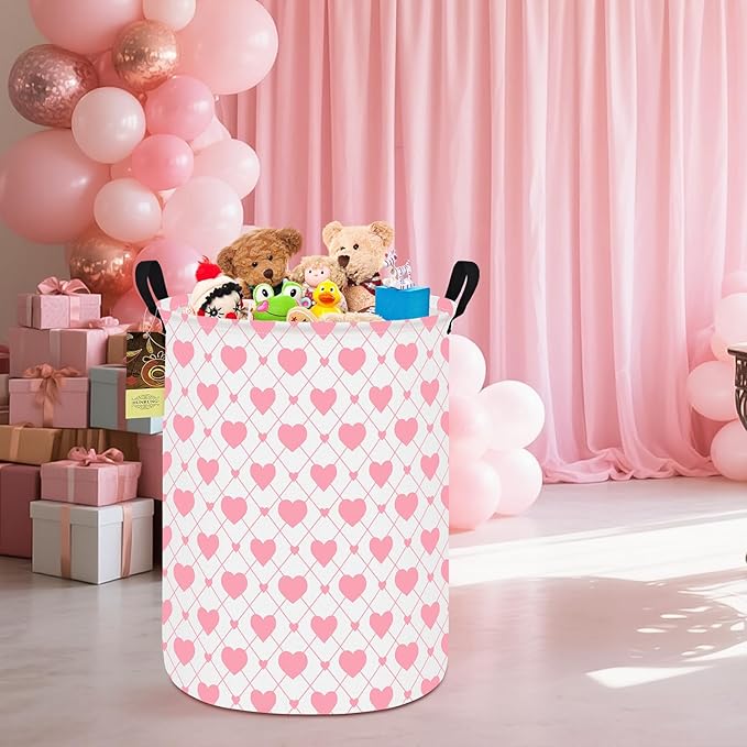 HUNRUNG Collapsible Fabric Storage Basket, Waterproof Laundry Hamper with Handles, Round Storage Bin for Clothes Toys, Foldable Organizer for Bedroom Nursery Bathroom(Round-Heart)