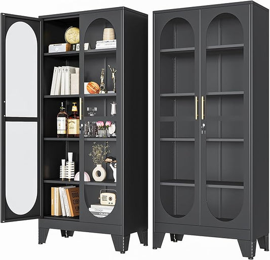 PAOFIN 71" H Locking Display Cabinet with Glass Door, Metal Curio Cabinets with 4 Adjustable Shelves, Tall Liquor Cabinet Display Case for Living Room, Collectibles, Home - Assembly Required Black